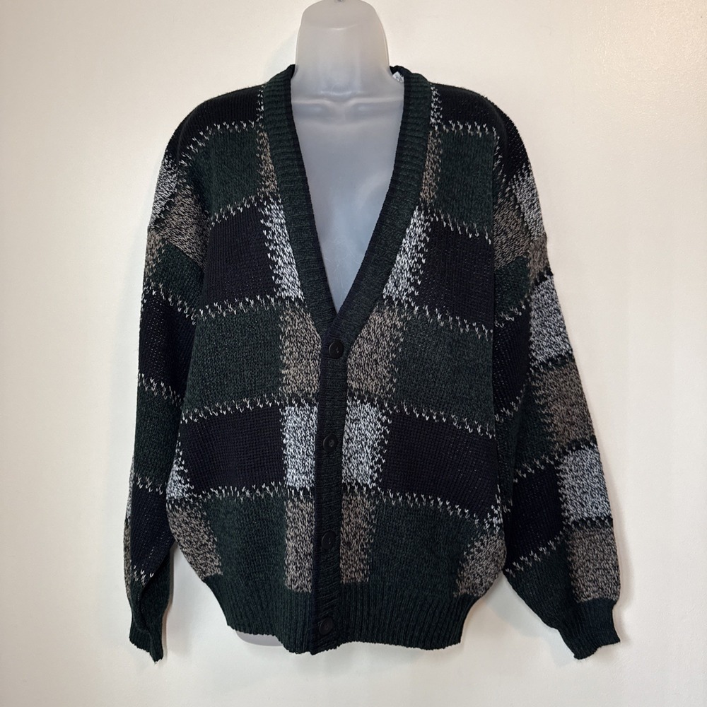 Vintage Expressions Cardigan Sweater Mens Size M Plaid Button USA Grandpa Preppy